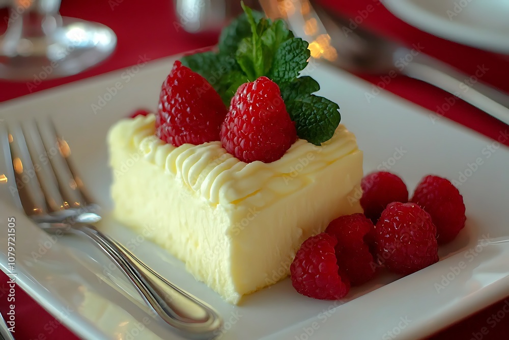 White Cake Topped with Raspberries and Whipped Cream White Cake Topped with Raspberries and Whipped Cream