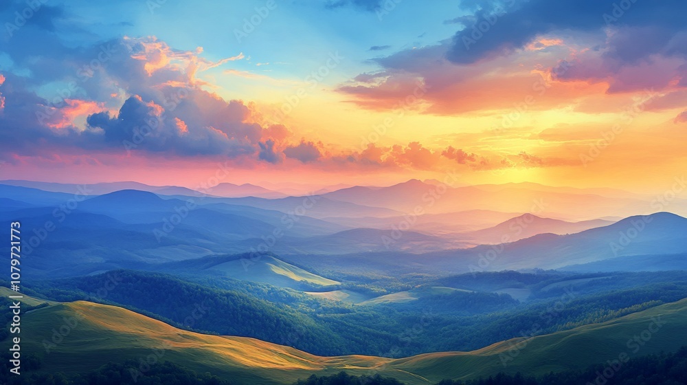 Majestic mountain landscape with a vibrant sunset sky. Majestic mountain landscape with a vibrant sunset sky.