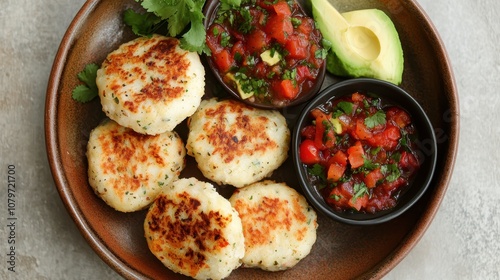 Crispy Fried Arepas with Salsa and Avocado.