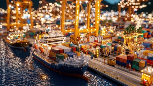 A vibrant, illuminated harbor scene showcasing ships loaded with colorful containers, reflecting a busy night at the port.