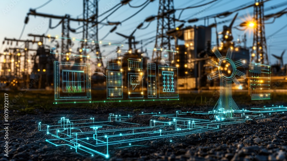 A futuristic illustration of smart grids energy system concept, an industrial power station with digital overlays, highlighting technology and energy infrastructure against a nighttime backdrop. A futuristic illustration of smart grids energy system concept, an industrial power station with digital overlays, highlighting technology and energy infrastructure against a nighttime backdrop.