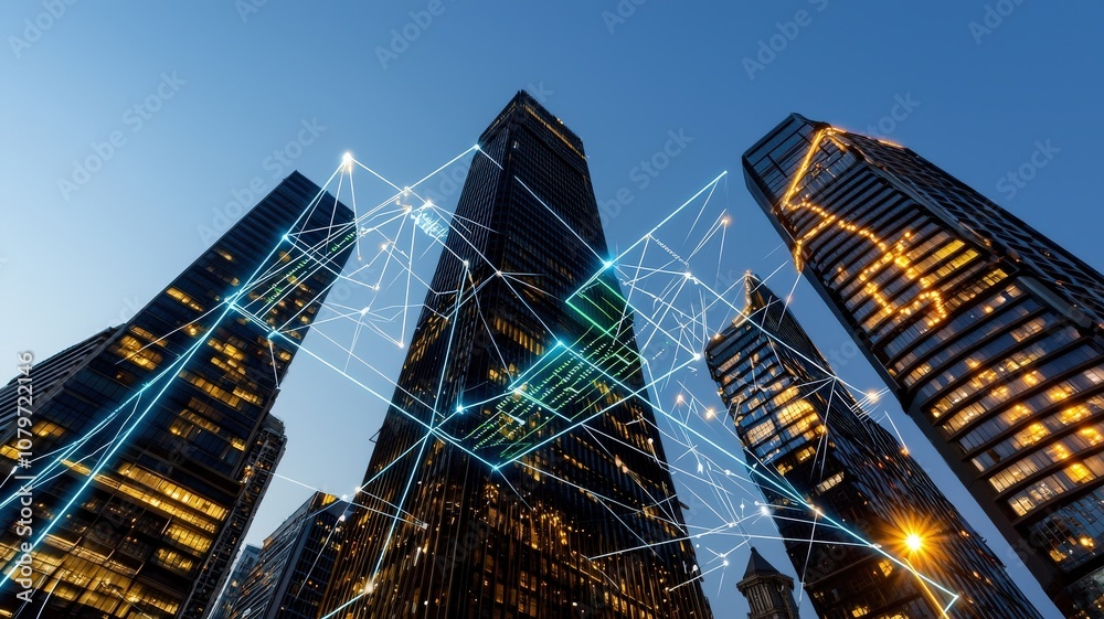 A futuristic city skyline featuring towering skyscrapers, smart grids energy system concept, 
 illuminated at dusk, interconnected by glowing digital lines and data patterns.