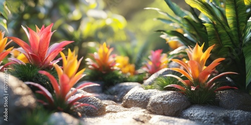 Colorful tropical bromeliads in an outdoor garden photo