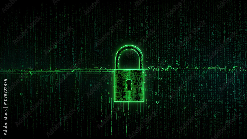 An abstract, semi-transparent lock symbol with streams of binary code flowing through it, representing encrypted data An abstract, semi-transparent lock symbol with streams of binary code flowing through it, representing encrypted data