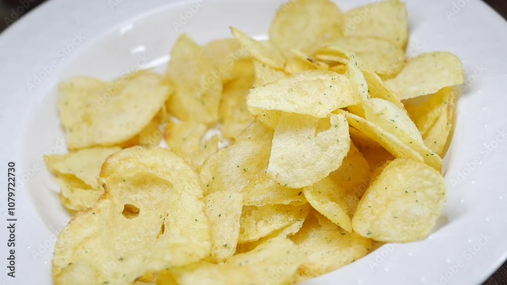 Child Hand Pick Crispy Potato Chips Arranged Neatly on a Stylish White Plate for Snacking Child Hand Pick Crispy Potato Chips Arranged Neatly on a Stylish White Plate for Snacking