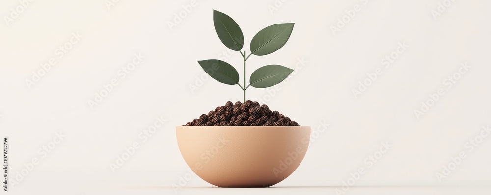 Fototapeta premium Economic Growth and Climate Change concept. A small plant with green leaves grows from a bowl filled with dark soil, symbolizing growth and nurturing in a minimalist setting.