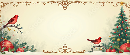 A festive winter border design featuring a decorated Christmas tree, holiday decorations, and a bird, set against a soft background