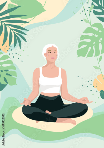 blond girl meditation in the lotus position jn the green nature background, poster or banner for yoga centre, studio, template, vector