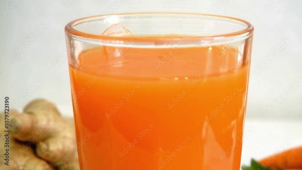 Fresh Carrot Juice Flowing Into a Glass with Ginger Root and Whole Carrots on Wooden Surface Fresh Carrot Juice Flowing Into a Glass with Ginger Root and Whole Carrots on Wooden Surface