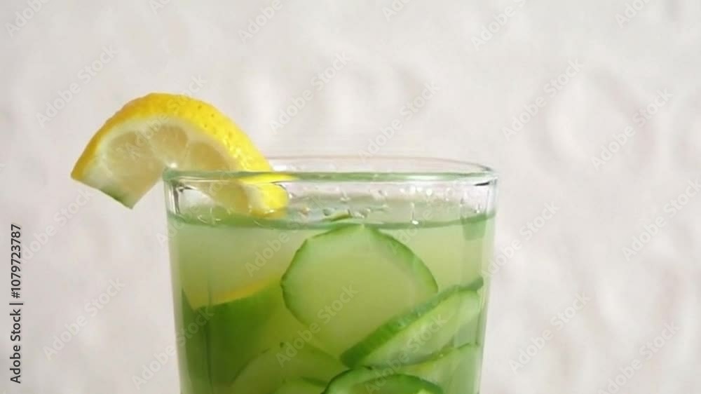 Cucumber Juice Being Poured into a Glass with Lemon Zest Twist and Cucumber Slices on Light Background Cucumber Juice Being Poured into a Glass with Lemon Zest Twist and Cucumber Slices on Light Background