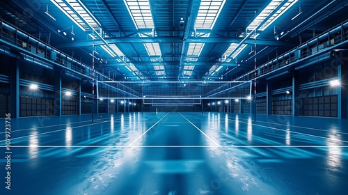 Indoor Volleyball Court in a Blue-Lit Industrial Space