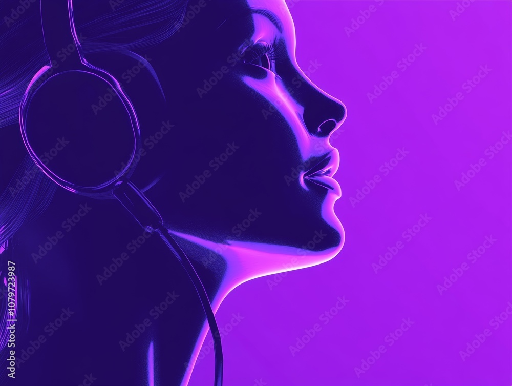 A stylized profile of a woman wearing headphones against a purple background. A stylized profile of a woman wearing headphones against a purple background.