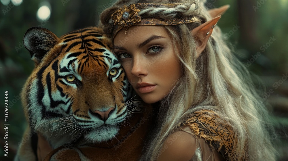 Elf warrior woman with animal tiger dramatic moment background wallpaper AI generated image Elf warrior woman with animal tiger dramatic moment background wallpaper AI generated image