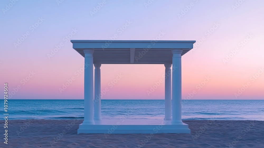 Contemporary white gazebo with simple columns, in a beach setting with sand and ocean, twilight Contemporary white gazebo with simple columns, in a beach setting with sand and ocean, twilight