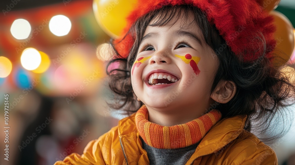 Joyful child with painted cheeks in festive attire, beaming with happiness at a vibrant celebration. Joyful child with painted cheeks in festive attire, beaming with happiness at a vibrant celebration.