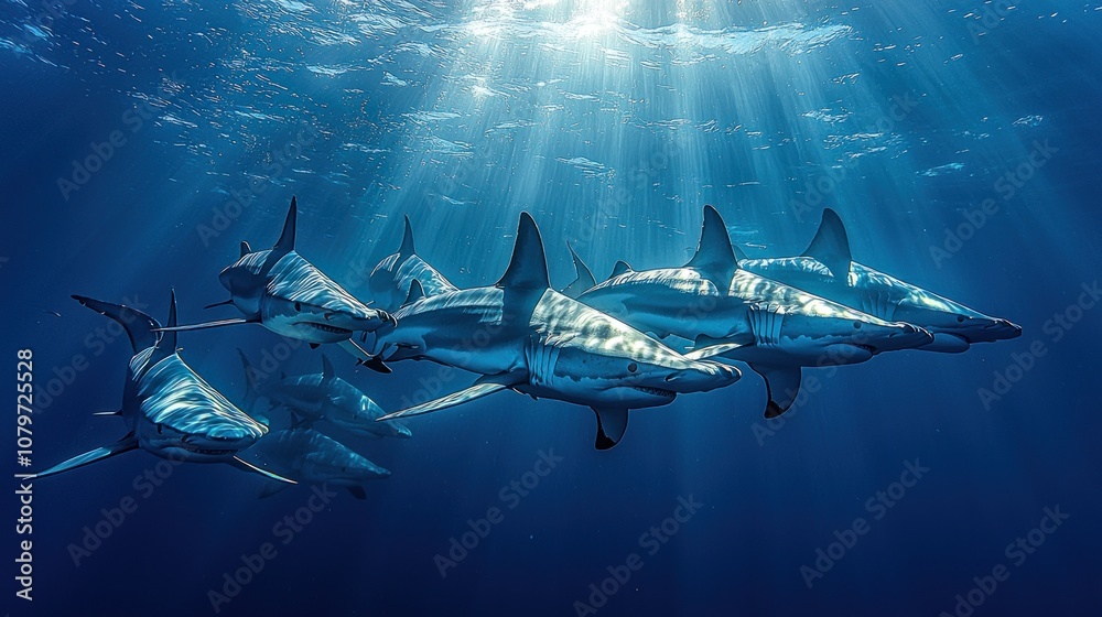 School of hammerhead sharks swimming in formation, strong contrast with the deep blue sea, ultra-realistic details and clarity School of hammerhead sharks swimming in formation, strong contrast with the deep blue sea, ultra-realistic details and clarity