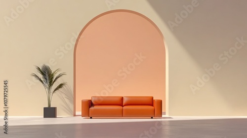 Modern Living Room with Arched Window and Terra Cotta Leather Sofa