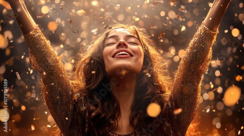 Joyful woman with raised arms in golden lights, expressing happiness and freedom, surrounded by a magical, glowing atmosphere.