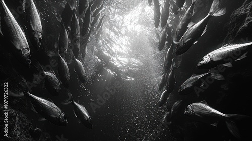School of sardines creating a shimmering vortex, light reflections on their silver bodies, motion captured with ultra-realistic clarity