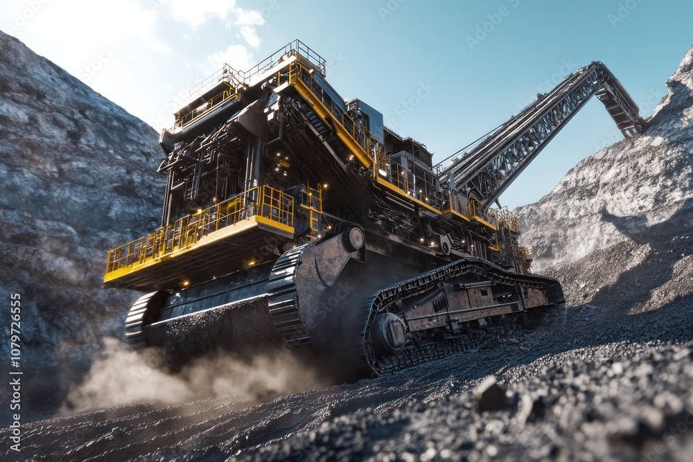 A large mining excavator working on a rocky slope under a clear sky. Debris and dust scatter around, highlighting the powerful force of the machinery as it digs through the rough terrain. A large mining excavator working on a rocky slope under a clear sky. Debris and dust scatter around, highlighting the powerful force of the machinery as it digs through the rough terrain.