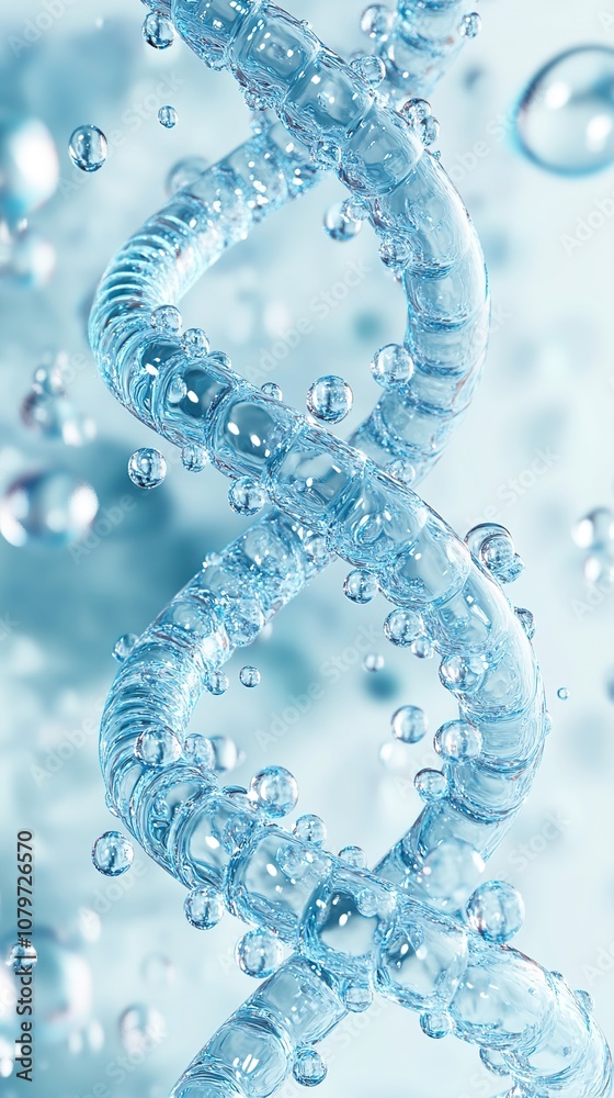 Background in the Medical Field Featuring a Biologically Inspired Design with Floating Water Droplets, Bubbles, and Liquid Waves Forming a DNA Chain Shape Against a Clear Blue and White Background. T Background in the Medical Field Featuring a Biologically Inspired Design with Floating Water Droplets, Bubbles, and Liquid Waves Forming a DNA Chain Shape Against a Clear Blue and White Background. T