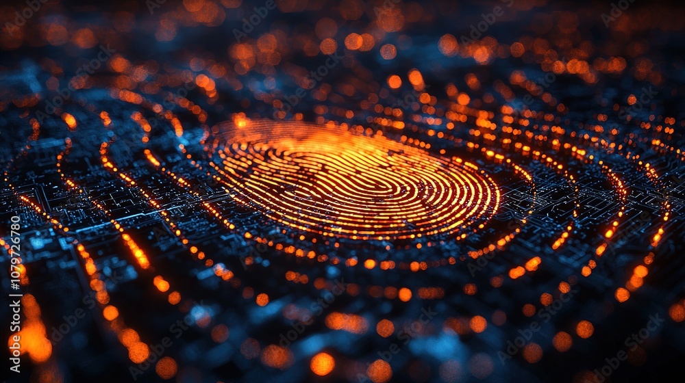 A close-up view of a digital fingerprint in vivid neon colors, representing cyber security, biometrics, and digital identity in a futuristic technology concept. A close-up view of a digital fingerprint in vivid neon colors, representing cyber security, biometrics, and digital identity in a futuristic technology concept.
