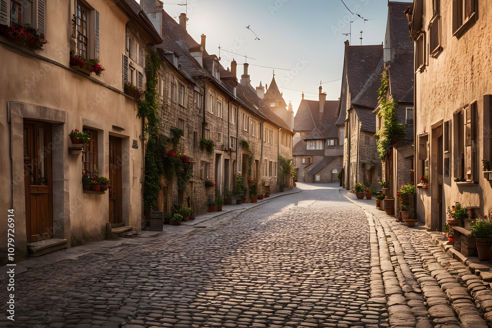 Fototapeta premium Empty cobblestone street in a quaint european village soft afternoon light, Ai Generated