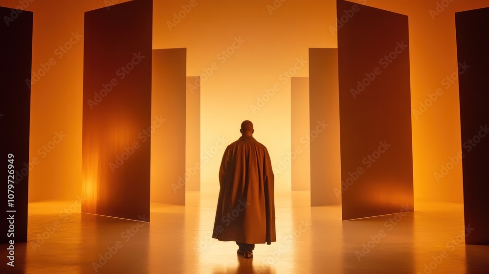 Naklejka premium A figure walks through a surreal, orange-lit space with tall panels, evoking mystery and contemplation.