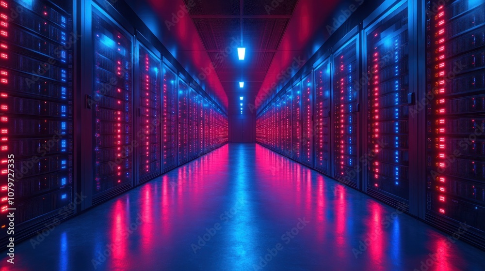 Fototapeta premium A futuristic data center illuminated with vibrant blue and red lights.