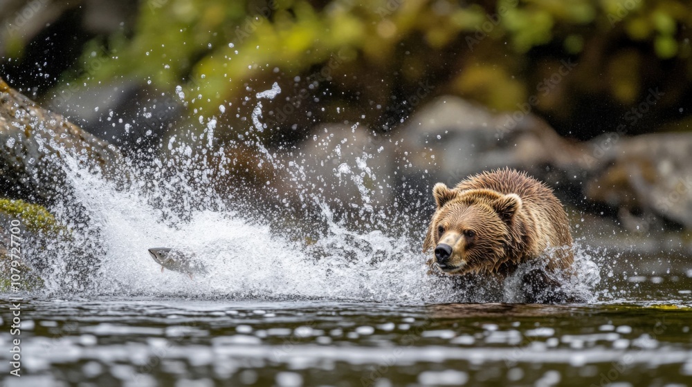 Brown Bear Catching Salmon in Water Splash Brown Bear Catching Salmon in Water Splash