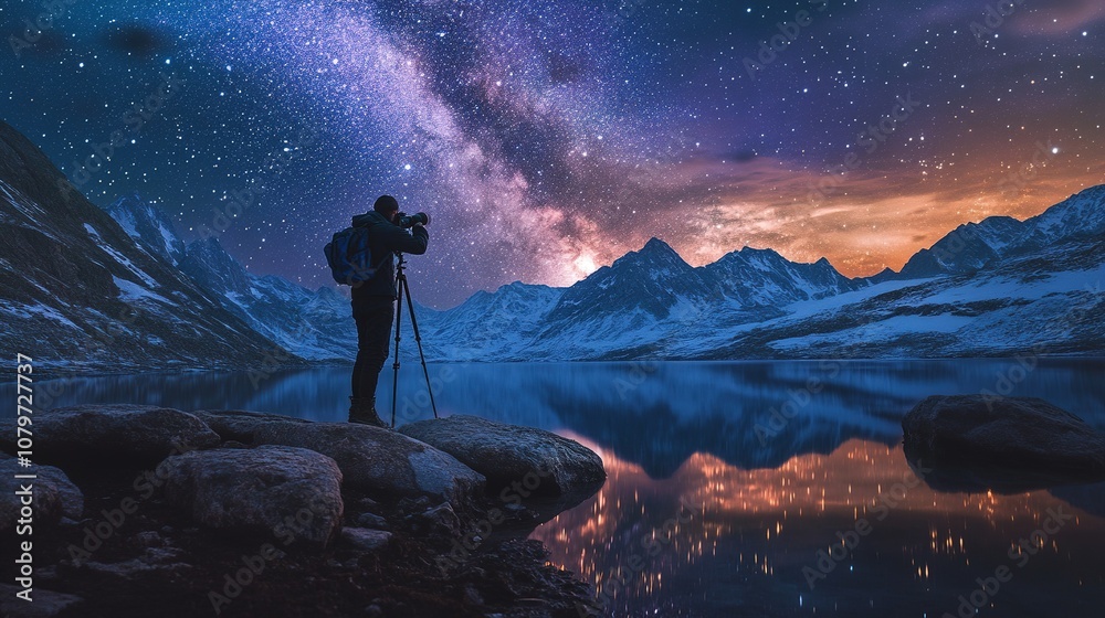 Fototapeta premium A photographer taking stunning images of the Milky Way during an overnight camping trip.