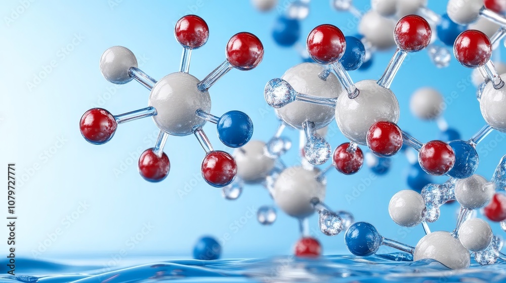 3D Molecular Structure with Red Blue and White Spheres Over Water 3D Molecular Structure with Red Blue and White Spheres Over Water