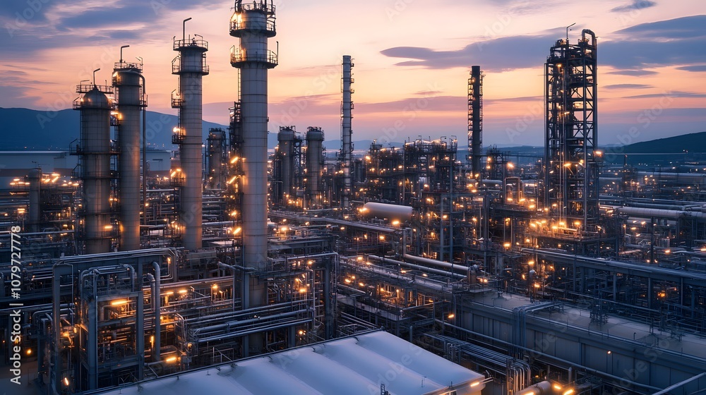 A large industrial city with many tall buildings and a large number of oil refineries. The sky is dark and cloudy A large industrial city with many tall buildings and a large number of oil refineries. The sky is dark and cloudy