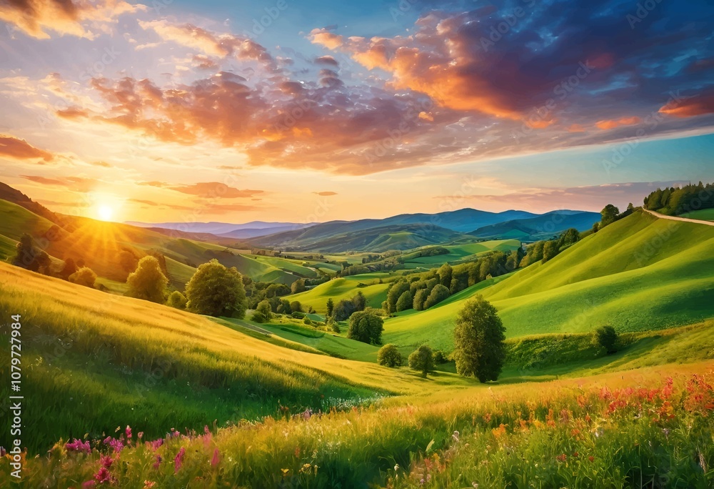 Obraz premium Beautiful and Peaceful Nature Scenery Illustration Landscape Countryside Tranquil Vibrant and Colorful
