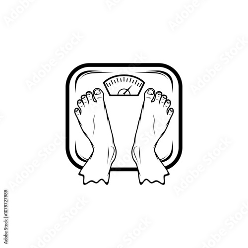 feet standing on the scales, weighing the body weight looking up black and white vector line art