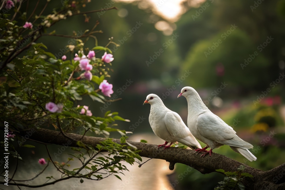 Obraz premium Two White Doves on a Branch - Peace, Freedom, Nature, Love, Spirituality, Serenity, Harmony, Beautiful Wildlife, Symbol of Hope, Calming Atmosphere, Nature Photography, Inspirational