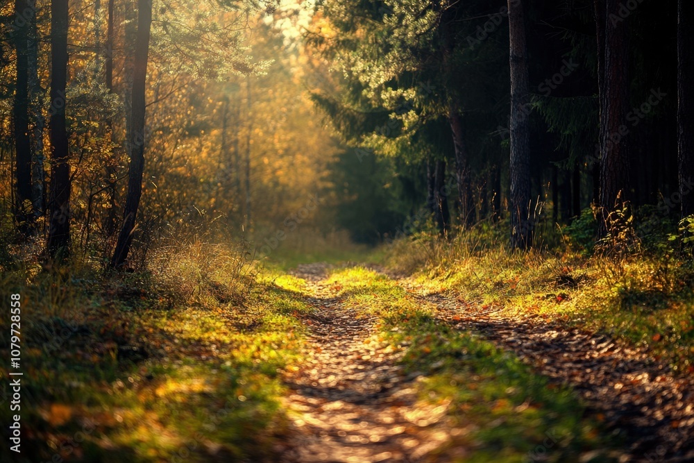 Fototapeta premium Sunbeams illuminate a path through an autumnal forest.