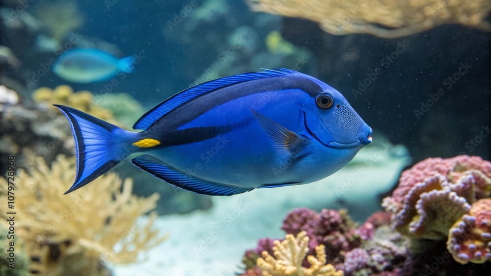 Fototapeta premium Vibrant Blue Tang Fish in Tropical Ocean Setting - Stunning Candid Photography, Underwater Life, Colorful Marine Environment, Isolated and Majestic View for Aquarium and Nature Lovers