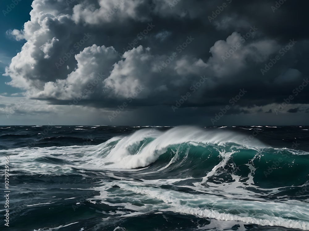Dramatic Stormy Seascape with Large Wave and Dark Clouds Dramatic Stormy Seascape with Large Wave and Dark Clouds