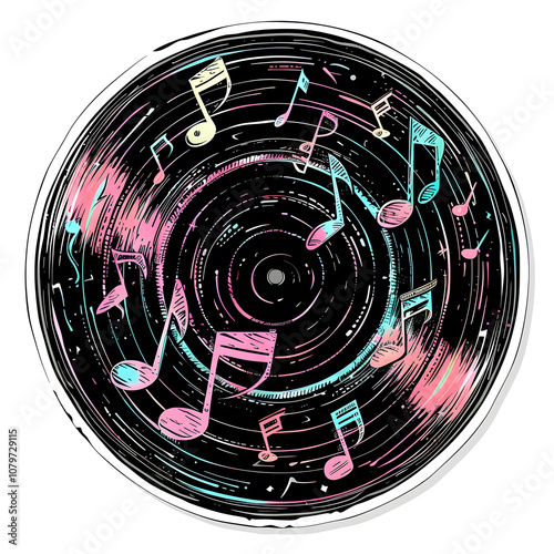 A graceful vinyl record spinning with animated musical notes is perfect for musicthemed projects, backgrounds, and artistic designs to add a touch of vibrancy and retro feel
