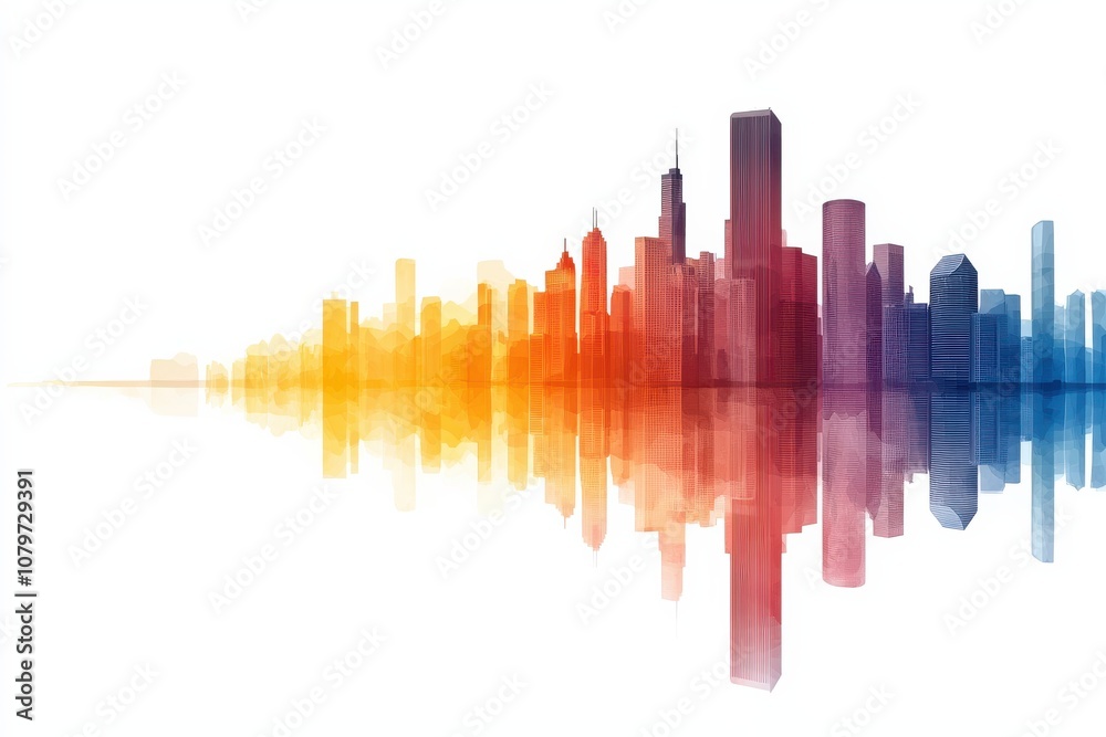 Economic Growth and Climate Change concept. A vibrant city skyline reflected in calm water, featuring colorful gradient hues from orange to blue, creating a dynamic and artistic urban landscape. Economic Growth and Climate Change concept. A vibrant city skyline reflected in calm water, featuring colorful gradient hues from orange to blue, creating a dynamic and artistic urban landscape.