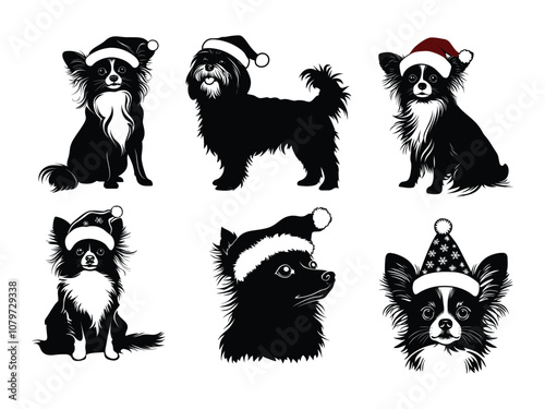 Festive Papillon Dog Silhouettes with Santa Hats and Holiday Accessories
