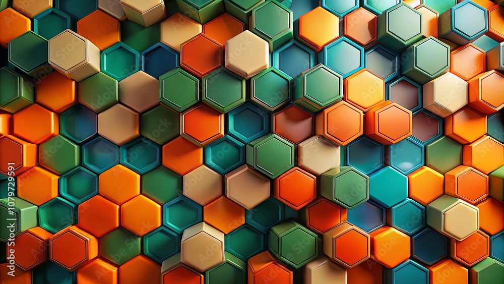 Abstract Geometric Pattern of Interlocking Hexagons in Vibrant Hues of Orange, Green, Teal, and Beige Abstract Geometric Pattern of Interlocking Hexagons in Vibrant Hues of Orange, Green, Teal, and Beige