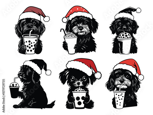 Festive Papillon Dog Silhouettes with Santa Hats and Holiday Accessories
