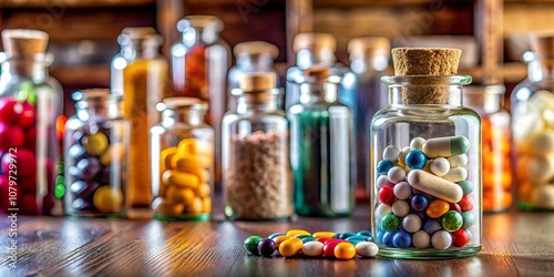 A vintage glass apothecary jar filled with colorful pills and capsules, resting on a wooden table alongside other assorted glass jars.