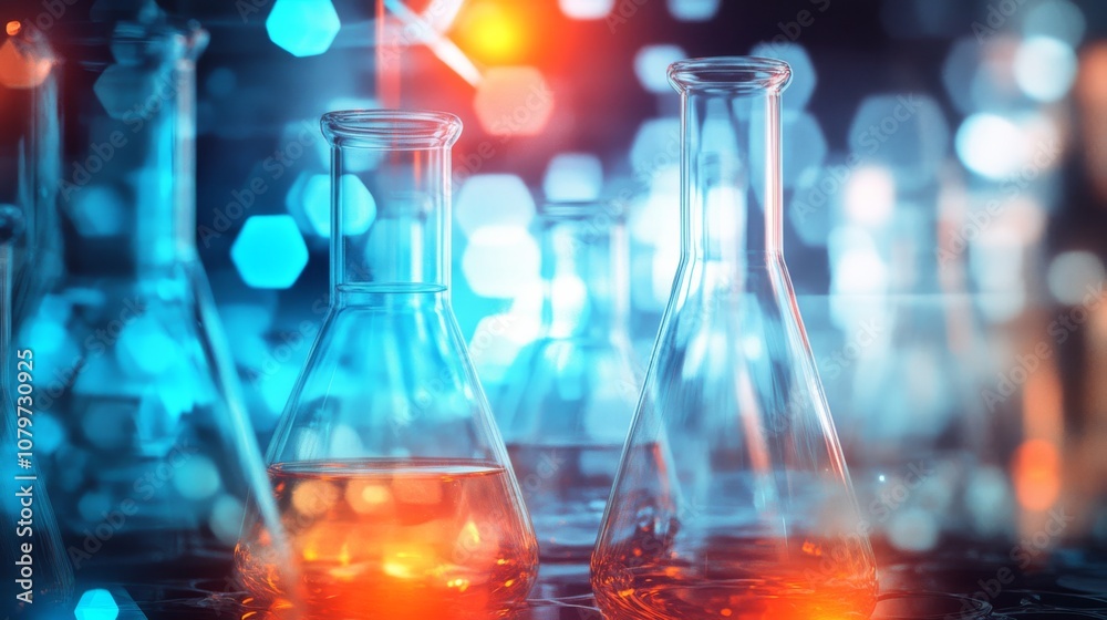 A vibrant close-up of laboratory glassware illuminated by colorful lights, showcasing a blend of science and modern aesthetics. A vibrant close-up of laboratory glassware illuminated by colorful lights, showcasing a blend of science and modern aesthetics.