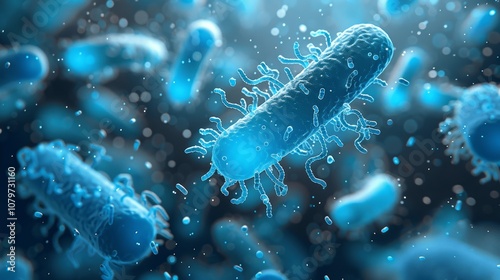 Microscopic View of Blue Bacteria E. Coli in Intestines - 3D Rendering