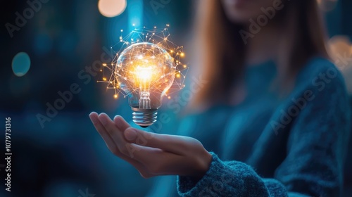 Woman Holding a Glowing Light Bulb with Network Connections