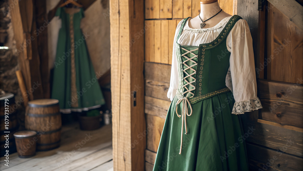 Obraz premium Traditional Irish dress with lace detailing displayed in a rustic setting alongside a similar gown