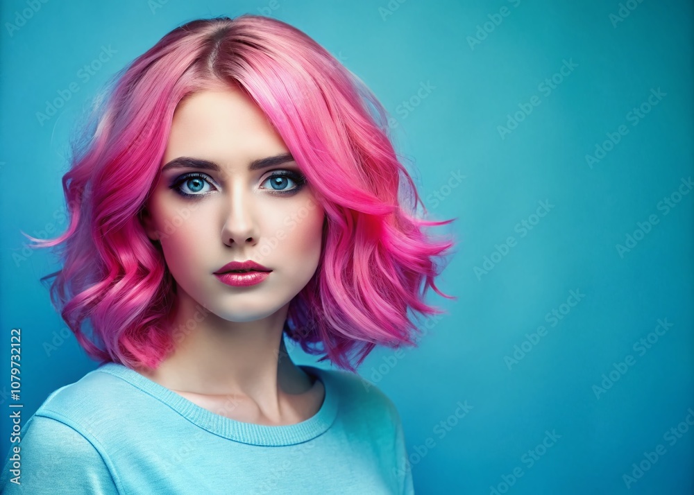 Blue hues dominate: a captivating portrait of a woman with pink hair and blue eyes. Blue hues dominate: a captivating portrait of a woman with pink hair and blue eyes.